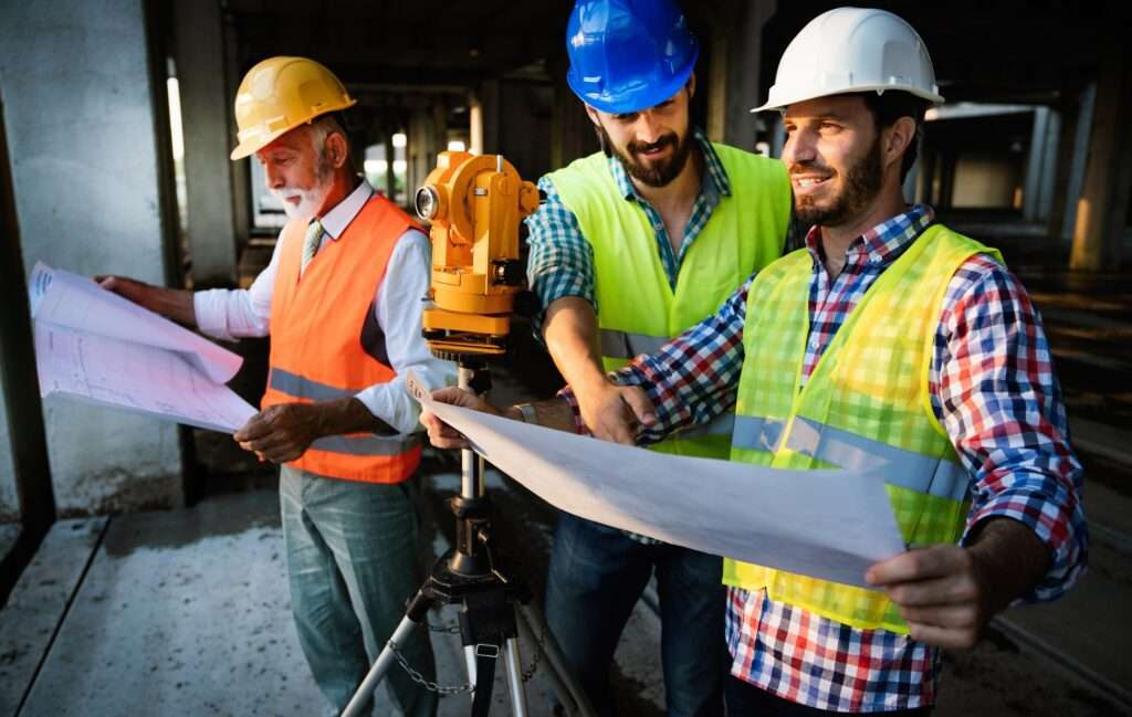 contruction employees looking over plans