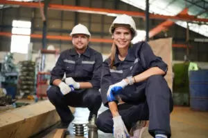 skilled labor workeds in a warehouse smiling at the camera