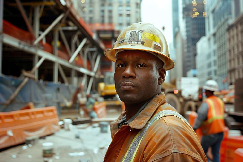 a black construction worker looking at viewer on a construction site, hired by temp agency