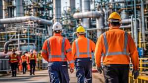 picture of construction workes walking inside a refinery hired by a staffing agency