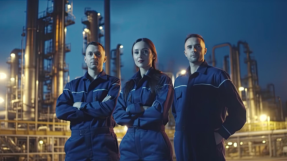 three employees standing next to each other at a refinery hired by staffing agencies