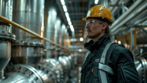 a factory plant worker standing in uniform hired by staffing agencies