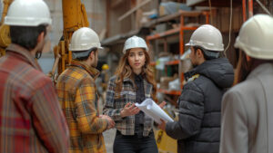 a woman from a staffing agency in a team meeting on a factory floor