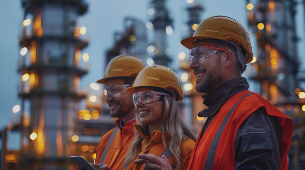 three temp-to-hire employees standing next to each other at a refinery